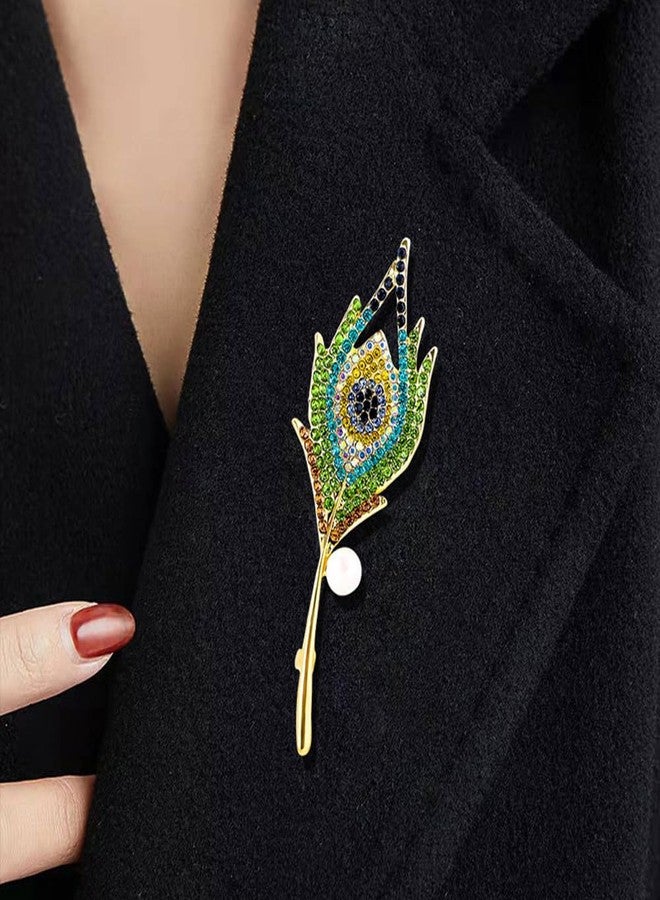 MXUHUI Vintage Peacock Feather Green Rhinestone Brooch Pin - Image 2